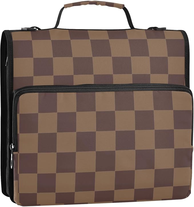 3 Ring Zipper Binder with Shoulder Strap Brown Checkerboard B 1.5 inch Binders Keeper Large Capacity Multi Pockets for School Office Supplies