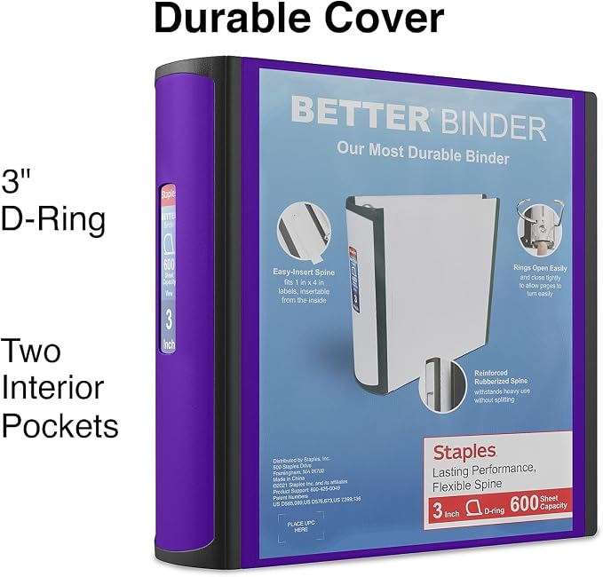 Staples Better 3-Inch D-Ring 3-Ring Binder, Purple, 600 Sheets | Reinforced spine for durable everyday school and office document storage.
