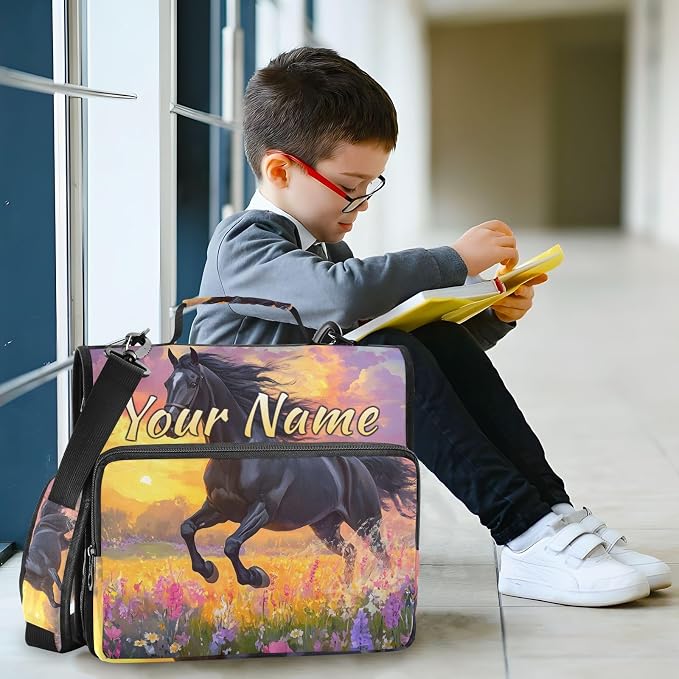 Custom 3 Ring Zipper Binder Black Horse Flower Oil Personalized Name 2 Inch Zippered Binder Bag Multi Pockets for School Supplies