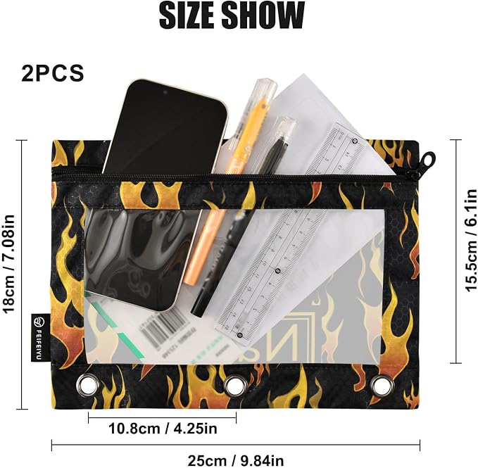 Custom Yellow Orange Fire Flames Pencil Pouch for 3 Ring Binder, 2 Pack Personalized Name Waterproof Pencil Bags Clear Window Pencil Case School Office Supplies