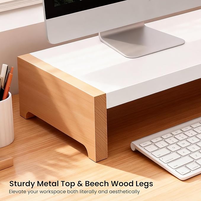 Monitor Stand Riser | White Metal & Wood Computer Monitor Stand Riser for Desk, Max Load Capacity 40LB