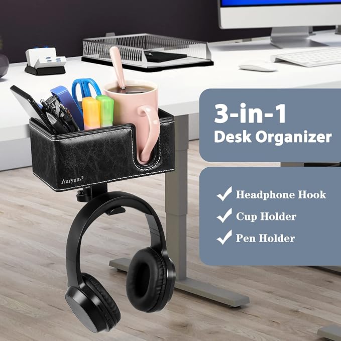 Under Desk Cup Holder Clamp on Cup Holder PU Leather Clip on Desk Organizer | Desk organizer with pencil holder clamp on side, under desk hanging organizer, clip on cup holder desk phone stand holder PU