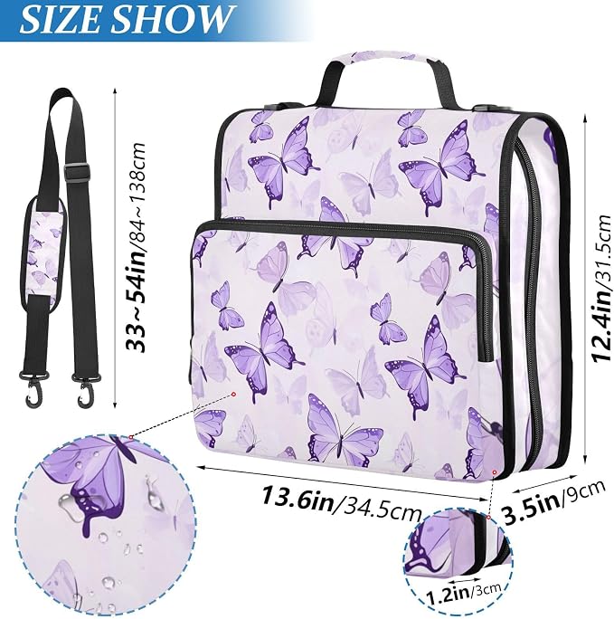 3 D-Ring Zipper Binder Bag, Purple Butterflies Pattern Removable Binder with Zipper Case Hold 300+ Sheets& 13 Inch Laptop for School Office Supplies Organizer