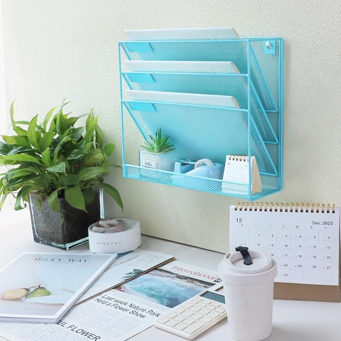 3 Pockets Mesh Wall File Holder Organizer with Bottom Flat Tray, Office Hanging File Folder Magazine Rack, Nametag Label Hooks Set Included, Blue