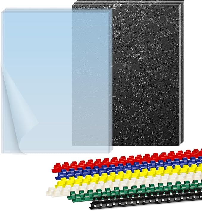 HOUYEE Binding Covers and Combs Set, 8.5x11 Inches, Including 50 Pcs Leather Texture Paper Binding Covers, 50 Pcs 8 Mil Clear PVC Sheets and 20 Pcs Assorted Combs | 50Pcs 8Mil Clear Binding Covers, 50Pcs 10Mil Black Leather Texture Paper Backs, 20Pcs 3...