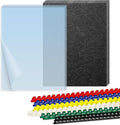 HOUYEE Binding Covers and Combs Set, 8.5x11 Inches, Including 50 Pcs Leather Texture Paper Binding Covers, 50 Pcs 8 Mil Clear PVC Sheets and 20 Pcs Assorted Combs | 50Pcs 8Mil Clear Binding Covers, 50Pcs 10Mil Black Leather Texture Paper Backs, 20Pcs 3...