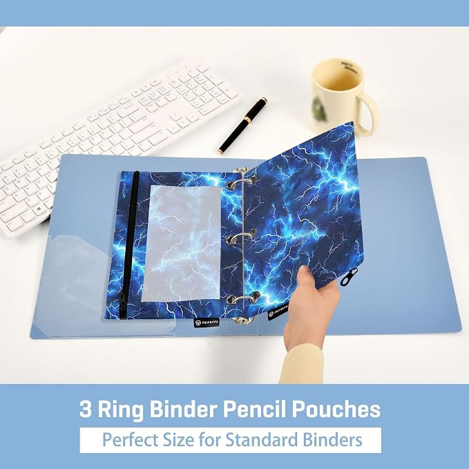 Blue Electric Lightning Pencil Pouch for 3 Ring Binder, 2 Pack Waterproof Pencil Bags Clear Window Pencil Case Zipper School Office Supplies
