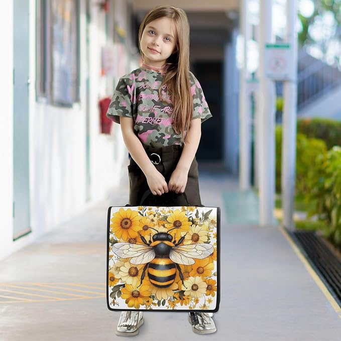 3 Ring Zipper Binder with Shoulder Strap Yellow Daisy Bee Bumblebees 1.5 inch Binders Keeper Large Capacity Multi Pockets for School Office Supplies