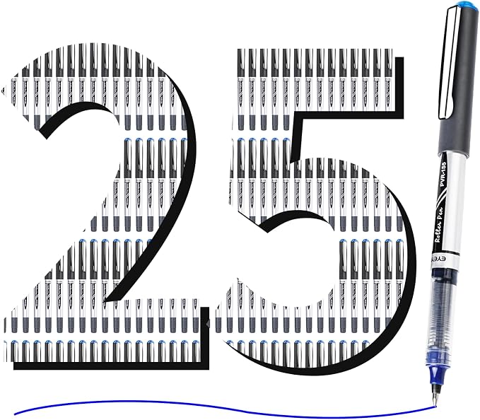 EYEYE Blue Rollerball Pens 0.7mm, 25 Pack Liquid Ink Roller Ball Pen Medium Point Quick Dry, Blue Ink Pens Fine Point Smooth Writing Pen for Journaling, Note Taking, Office, School Supplies