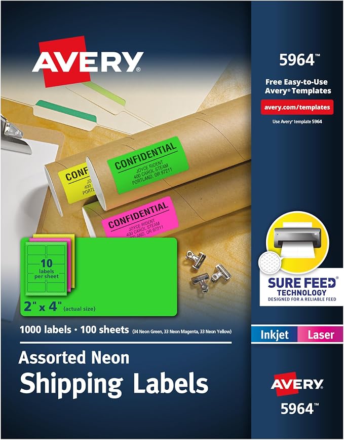 Avery Printable Shipping Labels with Sure Feed, 2"x 4", Assorted Neon Colors (Magenta, Green, and Yellow), Laser & Inkjet Compatible, 1,000 Blank Labels Total (5964)