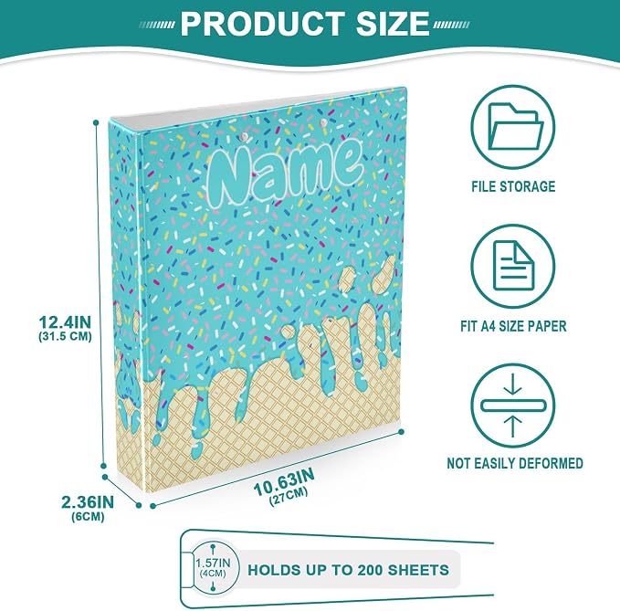 Custom 3 Ring Binder Teal Blue Ice Cream Print 1.5" Round Ring Binders Personalized Name View Binder with 200 Sheet for Kids School Supplies Women Men Office, 1 Pack
