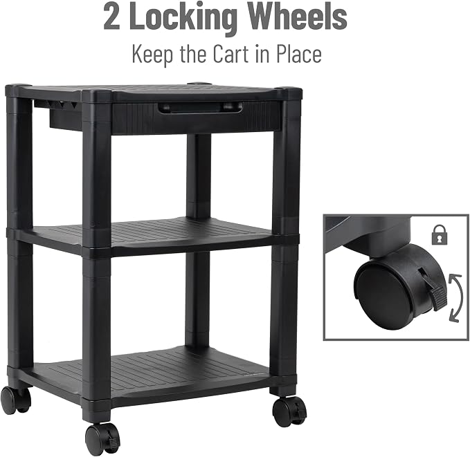 Mind Reader Compact Rolling Printer Cart, Utility Stand with Wheels and Drawer, Space Saving Printer Stand for Home Office, Adjustable 2 or 3 Tier, Black