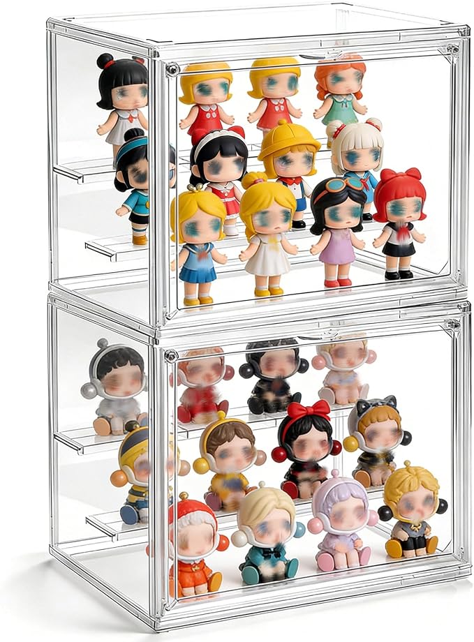 2 Pack Clear Acrylic Display Case, 3 Tier Small Adjustable Display Box, Collectible Showcase with Magnetic Door, Figure Storage Shelf, Stackable Purse Organizer for Closet, Book, Cosmetic