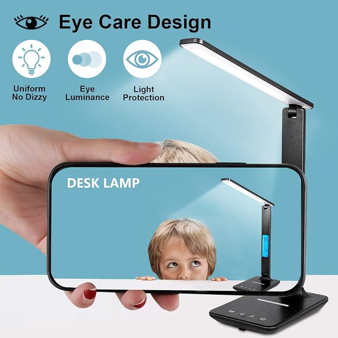 Desk Lamp with Wireless Charger: USB Charging Port, Table Lamp with Clock, Desk Lamps for Home Office College Dorm Room Essentials