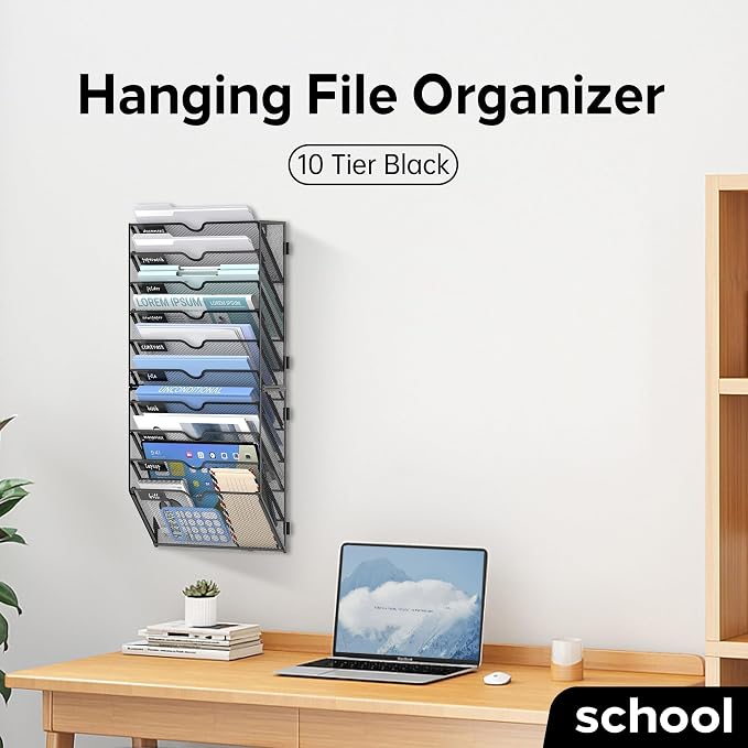 10-Tier Wall File Organizer and Hanging File Organizer, Black, 2Pack | Wall Organizer and Wall Mounted File Holder with 10 Pockets and Label Panels for Files, Mail, Folders, Magazines and Paper