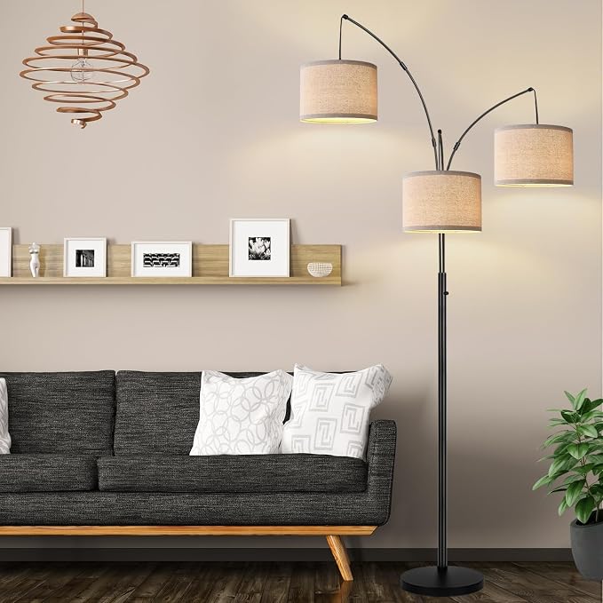 Dimmable 3 Lights Floor Lamp - 3000LM Super Bright Arc Floor Lamps for Living Room, Modern Tall Standing Lamp With Beige Shades, Mid Century Tree Floor Lamp for Bedroom Office, 3 LED Bulbs Included