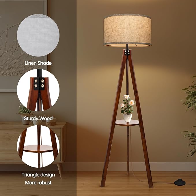 EOEYYOYB Floor Lamps with Shelf, Modern Standing Lamp with 3 Color Temperature Led Bulb, Tall Lamps with Foot Switch for Living Room Bedroom and Office, Juglans Nigra
