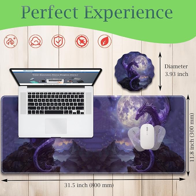 Extended Gaming Mouse Pad 31.5" x 11.8", with Edge Stitching, Non-Slip Rubber Base Keyboard Pad, Suitable for Work, Game, Office, Home and Coasters, Starry Purple Dragon