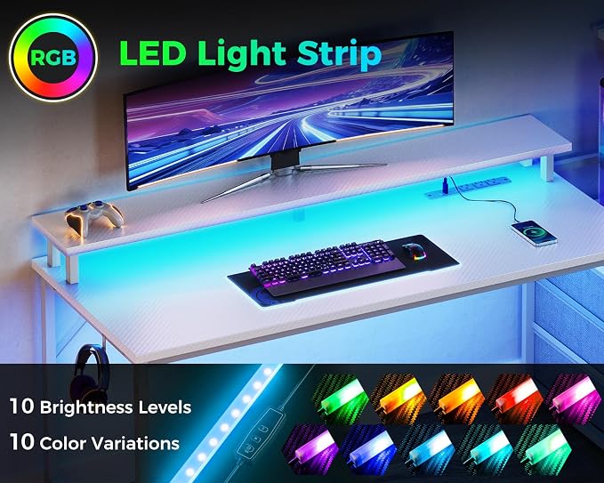 AODK 52 Inch Gaming Desk with USB Charging Ports & LED Light- Reversible Computer Desk with Storage Shelves & Monitor Stand, Modern Gamer Desk Table with Fabric Drawers, White