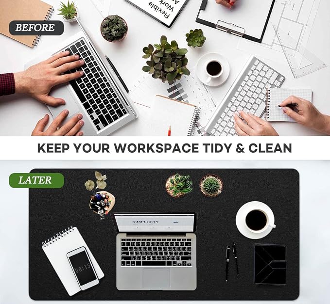 Desk Protector - Non-Slip PVC Leather Office Mat for Desktop - Waterproof Writing Pad (Black, 14" x 30")