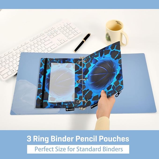Blue Basketball Pencil Pouch for 3 Ring Binder, 2 Pack Waterproof Pencil Bags Clear Window Pencil Case Zipper School Office Supplies