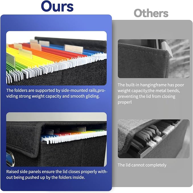 4 Pack Hanging File Folder Box with Lid, Durable Letter Size Filing Storage Box, Sturdy File Holder with Cardboard Support PVC Rails for Office Home Organizer, Black