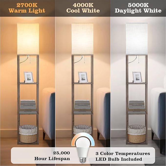 Floor Lamp with Shelves, Shelf Lamp with 3 Color Temperature LED Bulb,Lamps for Living Room, Standing Lamp Modern Tall Standing Light Display Shelf Floor Lamps for Bedroom, Office Home Decor