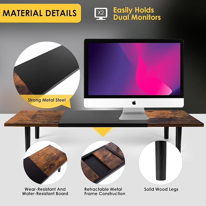 Across-Star Dual-Monitor-Stand-Riser-For-Desk Adjustable Length 32-40 Inch，Large Desktop Computer Monitor Riser For 2 Screens，Desk Shelf Organizer Riser Stand For Computer/Laptop/PC/Printer/TV Black