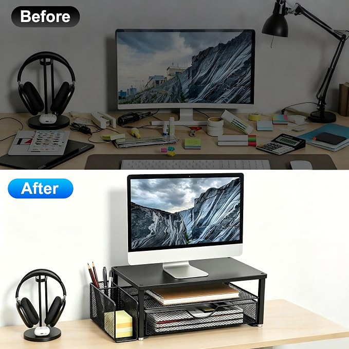 Spacrea Desk Organizer and Accessories, Computer Monitor Stand Riser with Drawer and 1 Open Pen Holder, Printer & Laptop Stand, Office Desk Accessories for Home Office Supplies (Black)