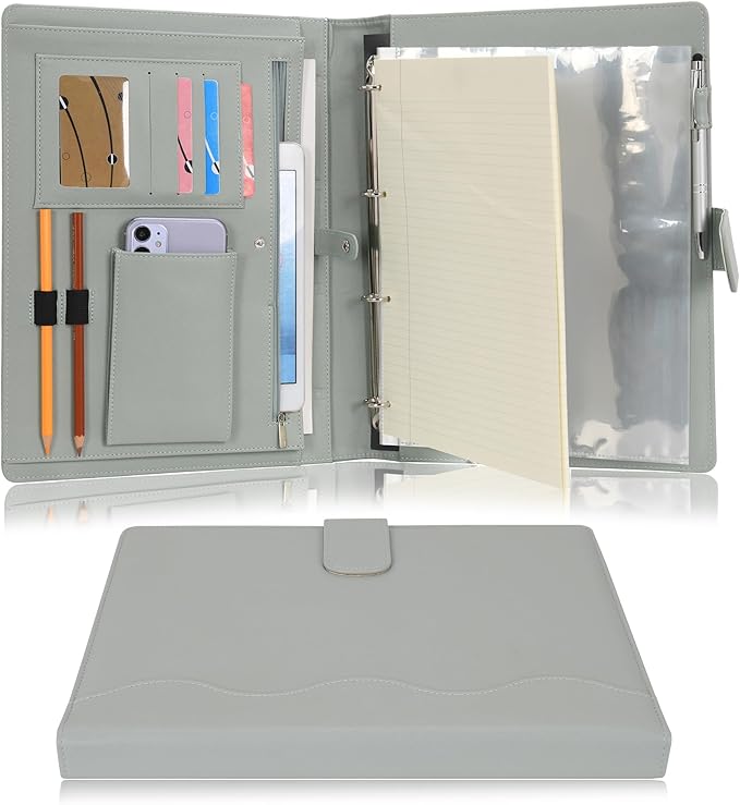 Wonderpool A4 PU Leather 3 & 4 Ring Holder Writing Portfolio Multi Document Case with Removable Binder Clipboard and Functional Pocket for Organizer Office Travel School (Green)