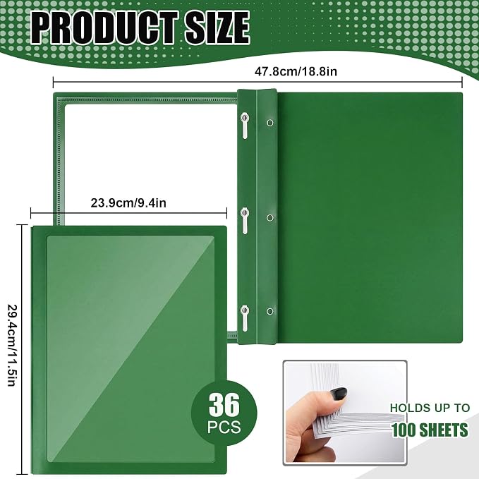 Teling 36 Pcs Report Covers with 3 Prong Fasteners Clear Front Presentation Folders Frame View Poly Report Folder Presentation Binder for Paper Document School Office (Dark Green)