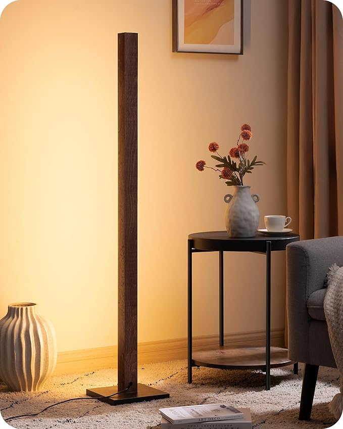 EDISHINE Wooden LED Corner Floor Lamp, Modern Standing Light with Remote, Minimalist Dimmable Floor Lamps for Living Room, Bedroom, Office, 7 Color Temperature 2700~6000K, 48.43"