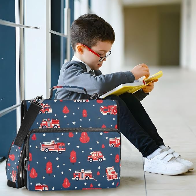 Fire Truck Engine Hydrant 3 Ring Binder Bag 1.5 inch Binder Organizer with Zipper Shoulder Strap 500 Sheet Documents Storage for School Office
