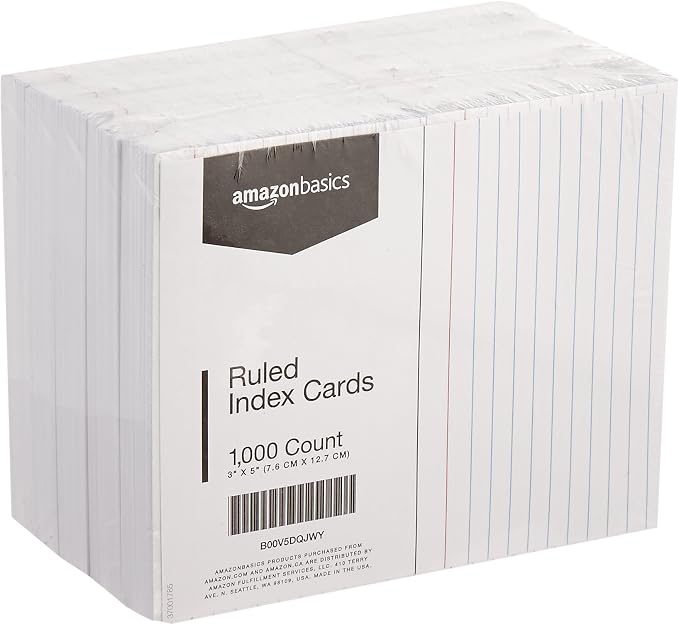 Amazon Basics Ruled Lined Index Cards for Study, Notes and Recipes, White, 3" x 5", 1000 Count (Pack of 100)