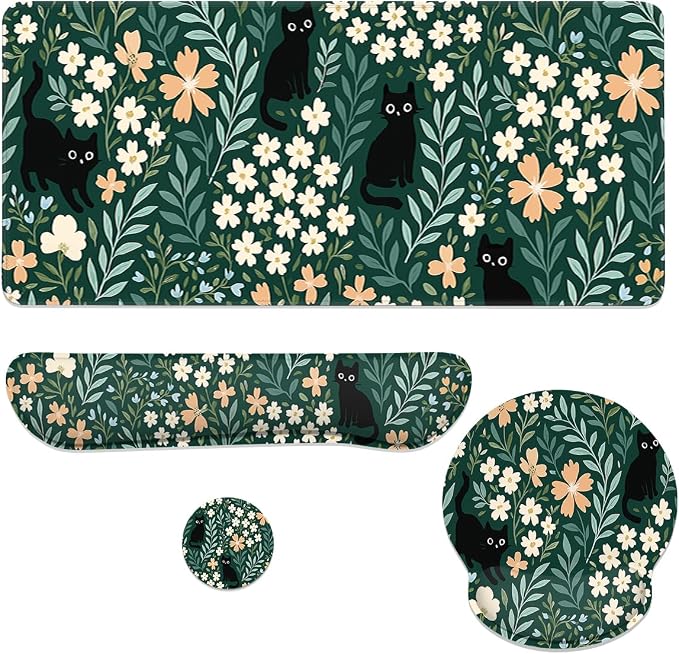 Cat Mouse Pad Set Cute Black Cats Floral Garden Gaming Mousepad 4in1 Desk Mat for Desktop Anti-Slip XXL Big Computer Ergonomic Mousepad with Wrist Support for Keyboard and Mouse