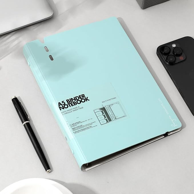 CAGIE A5 Binder 6 Ring Refillable Notebook with Dividers & Pockets | Daily Planning Square Ruled and Dotted Pages, Refill Paper Included, 6.89 x 9.25 In (Blue, A5 Daily & Dot Page)