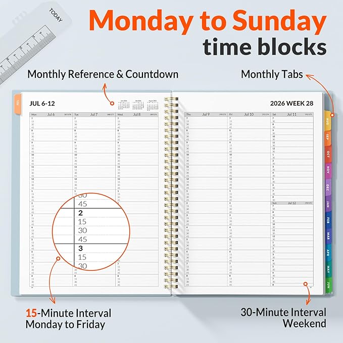 SUNEE 2026-2027 Appointment Book, Quarter-Hourly, Weekly & Monthly - from July 2026 to June 2027, 8.5"x11" Academic Planner, Flexible Cover, Note Pages, Bookmark, Spiral Binding, Blue