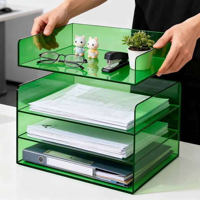 Gelite Acrylic File Organizer for Desk 4 Tiered Stackable Letter Tray Office Paper Storage Desktop Document Sorter, Emerald Green