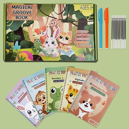 Reusable Grooved Handwriting Workbooks,Magic Copybook,Magic Writing Practice copy books, to help children improve their handwriting ink Practice Age 3-8 Calligraphy for kids(Animal edition)
