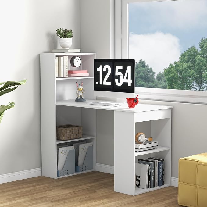 GRAFFY Computer Desk with 6 Storage Shelves - 48" Reversible Writing Desk Workstation with Bookshelf and CPU Stand, Modern Compact Office Desk for Bedroom, Study, Home, Office (White) | Reversible Writing Desk with 6 Storage Shelves, Modern Compact Off...