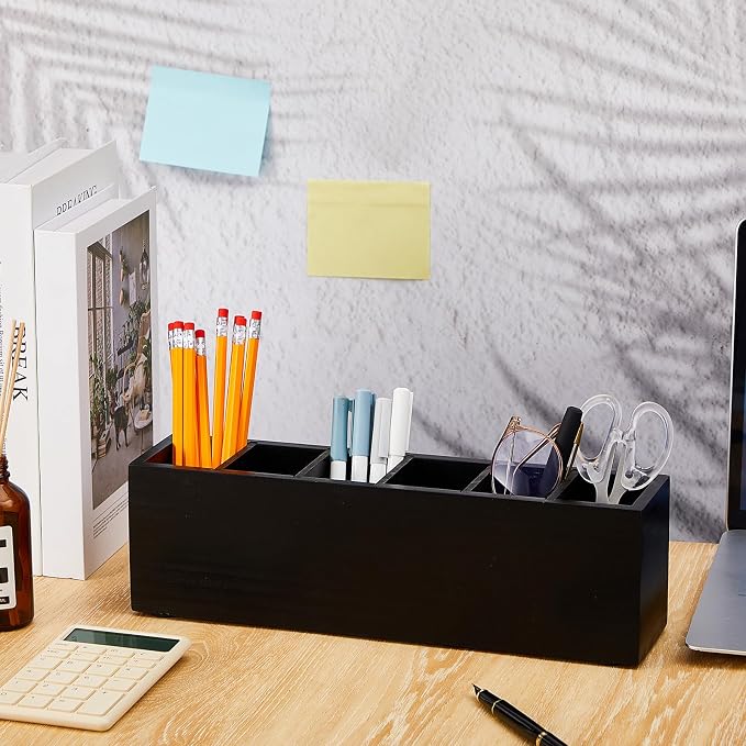 Jetec Wooden Pencil Pen Holder for Desk 6 Compartments Cosmetic Makeup Brush Stationery Office Desktop Organizers for Countertop Adjustable Silverware Caddy for Party, Art Supplies, Home Decor(Black)