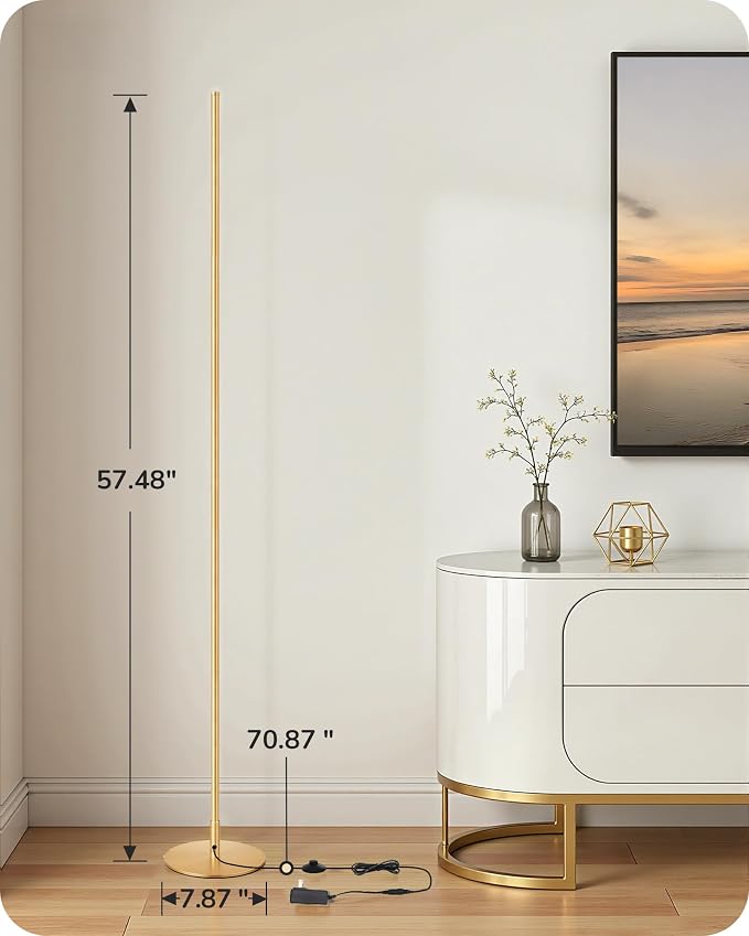 EDISHINE Floor Lamp, Remote Control & Foot Switch Floor Lamps for Living Room, 10%-100% Dimmable Standing Lamp with 7 Color Temperature, 57.5" Tall Corner Floor Lamp for Bedroom, Office, Gold | 2700-6000K, LED Minimalist Modern Floor Lamps for Living R...