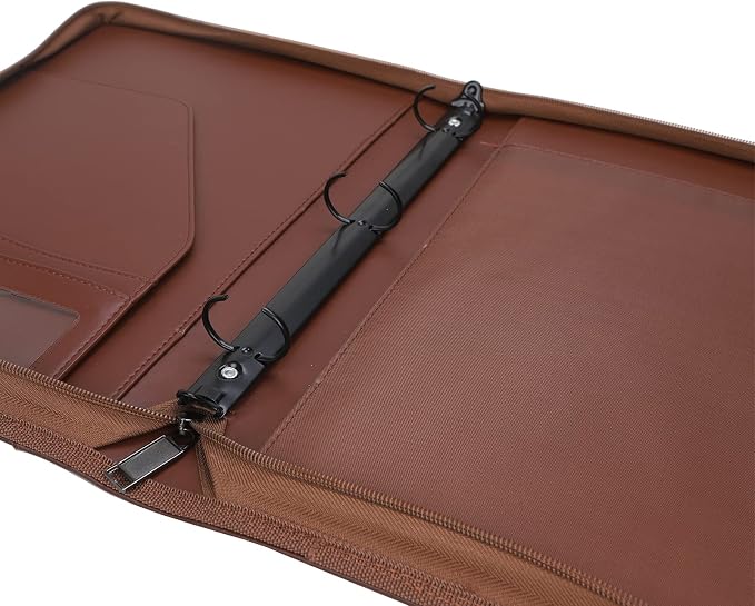 Zippered Portfolio 3 Ring Binder Organizer with Writing Pad Legal Size Letter - PU Leather Padfolio Document Organizer for Interview Business，Brown