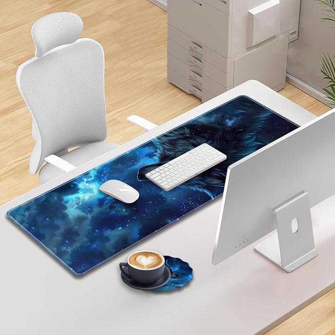 Extended Gaming Mouse Pad 31.5" x 11.8", with Edge Stitching, Non-Slip Rubber Base Keyboard Pad, Suitable for Work, Game, Office, Home and Coasters, Starry Sky Wolf