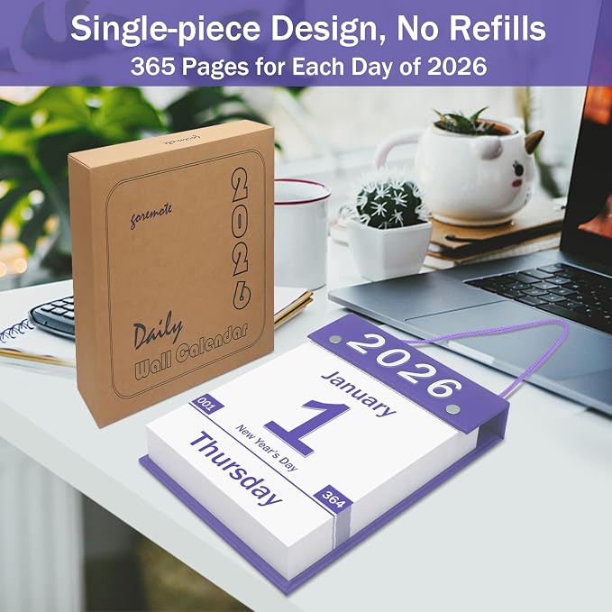 2026 Daily Wall Calendar, Tear off Page per Day with Large Print Dates | 365 Day Calendar for Seniors Gift Home Office School Dorms with Hanging String, 8.5" x 6", Purple