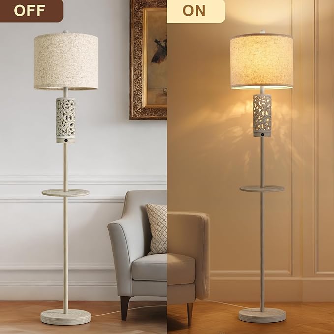 Dimmable Farmhouse Floor Lamp for Living Room, 2-in-1 Rustic Floor Lamp with Main&Night Light,Linen Shade&Dual Switches, 65" Standing Lamp for Bedroom Office Corner Dining Room, Wood Pole Lamp