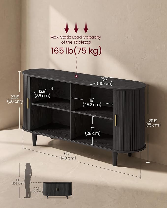 VASAGLE Storage Cabinet, Sideboard with Adjustable Shelves | Mid-Century Modern Buffet Cabinet, 55.1 x 15.7 x 29.5 Inch, for Living Room, Ebony, MIRIANA Collection ULSC631BE01