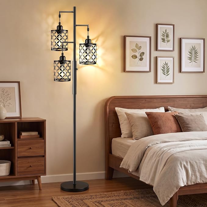 Dimmable Floor Lamp, Farmhouse Standing Lamp with Elegant Metal Cage, Industrial Tall Tree Floor Lamps for Living Room Bedroom Study Room Office, 3 x 800LM LED Bulbs Included - 68", Black