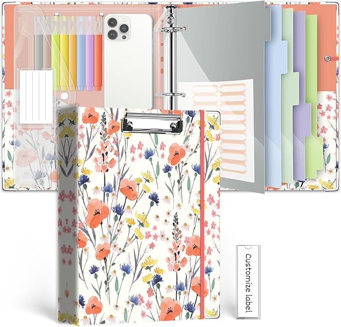 3 Ring 1 Inch Binder Organizer, KLLVE Three Ring Binders with Clipboard, 5-Tabs Pockets Dividers, Plastic Folder, 18 Divider Stikers,Pen Loop (Flora, Letter Size)
