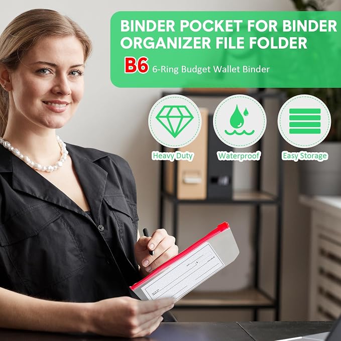 40 Pieces Binder Pockets 6 Hole Zipper Pouch 6 Ring B6 Pockets with Zipper Binder Folders Plastic Pouches Loose Leaf Bags Waterproof PVC Document Filing Bag